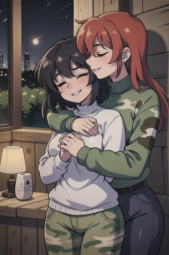 (best quality), long-haired lesbian girls with closed eyes, evil smile in camouflage sweaters and camouflage pants, hugging and kissing, night, dark side, lesbian life, passionate love