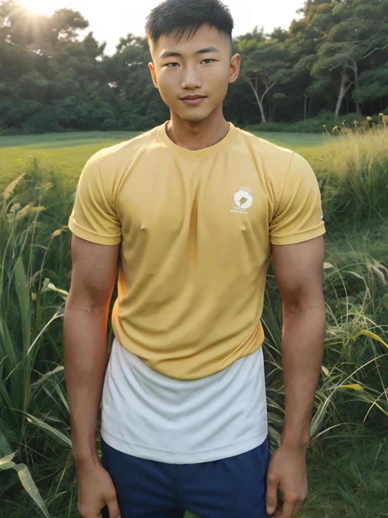 A handsome, muscular young Asian man looks at the camera. In a plain yellow t-shirt , Fieldside, grass, beach, sunlightA handsome, muscular young Asian man looks at the camera. In a plain yellow t-shirt , Fieldside, grass, beach, sunlight