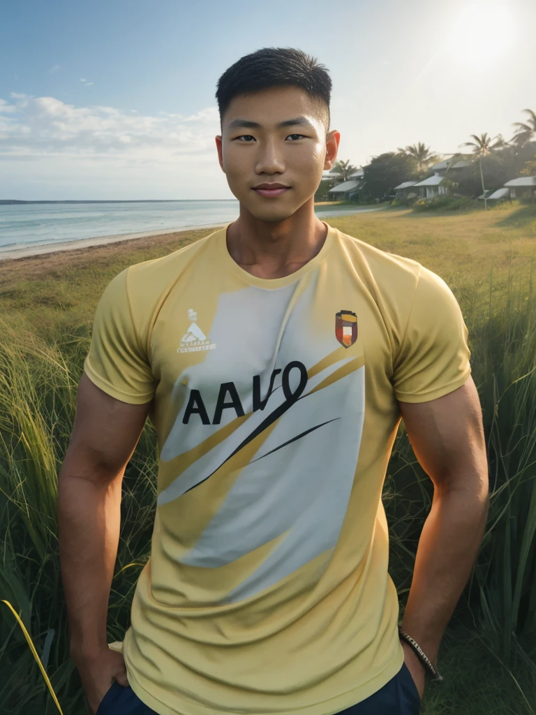 A handsome, muscular young Asian man looks at the camera. In a plain yellow t-shirt , Fieldside, grass, beach, sunlightA handsome, muscular young Asian man looks at the camera. In a plain yellow t-shirt , Fieldside, grass, beach, sunlight