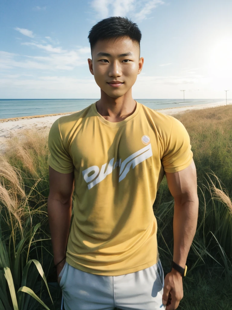 A handsome, muscular young Asian man looks at the camera. In a simple t-shirt black and yellow , Fieldside, grass, beach, sunlight,