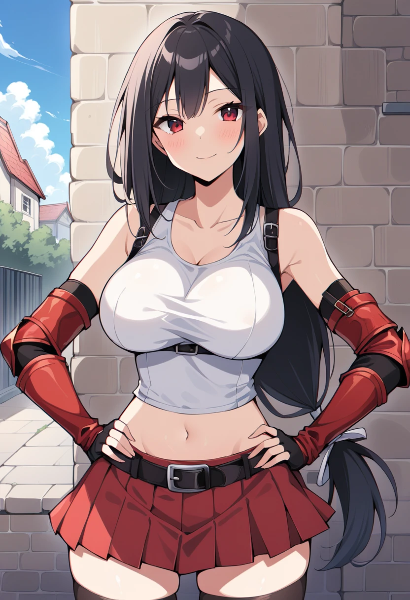 score_9, score_8_up, score_7_up, ,front_view,breast front view,,(soro focus),standing,straight-on,,(hands on hip),,,(upperbody),looking_at_viewer ,1girl, tifa lockhart, final fantasy,(beautiful woman). tareme,black hair, low-tied long hair, red eyes, bangs, white tank top,gap, belt, pleated skirt, thighhighs, elbow fingerless gloves, elbow pads, midriff, navel,suspender skirt.zettai ryouiki ,(large_breasts:1),((perky breasts;1,3)),(light smile),slender_waist:1.2 ,Solo,,(daytime and outdoors),(masterpeace),(best quality),((aesthetic,very aesthetic)),,highly detailed,(megami_magazine),