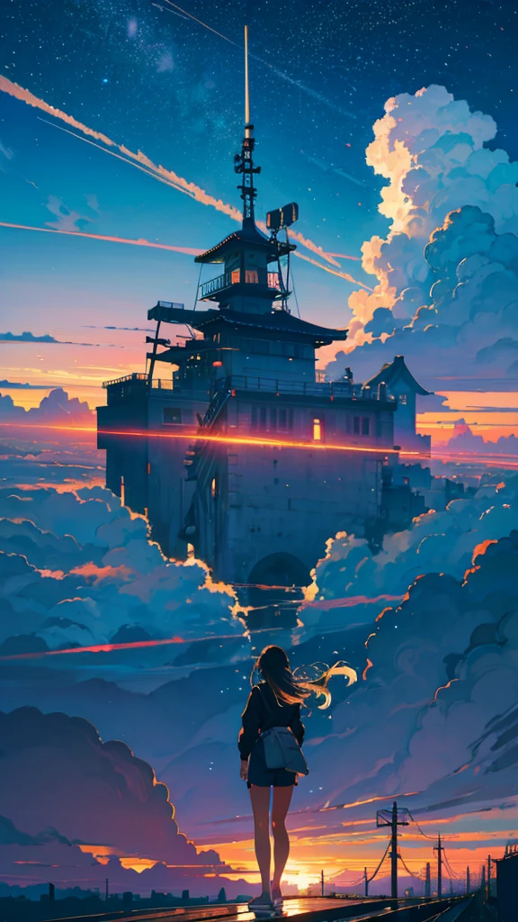 masterpiece, Exquisite detail,Highest quality, One girl, alone, handrail, cloud, buildings,Long Hair, NULL, Long sleeve, Power lines, White footwear, Black Hair, Electric pole, bangs, cloudy NULL, fish, bird, Green Eyes, Shorts, Day, Black Shirt, barefoot,Star,milky way,Meteors,Pitch black,Buildings,High quality anime art style,Standing painting,Splash ink background,Blue Themes,Clear Face,Distinct facial features,Fuji Mountain,Fuji Mountain,Buildings in Tokyo,Looking at me,View from behind,Shining Star々,milky way,sitting in water,Bright sky,Daytime,Looking straight ahead,Future City,train,Railroad crossing,sunset,A train running on the tracks,