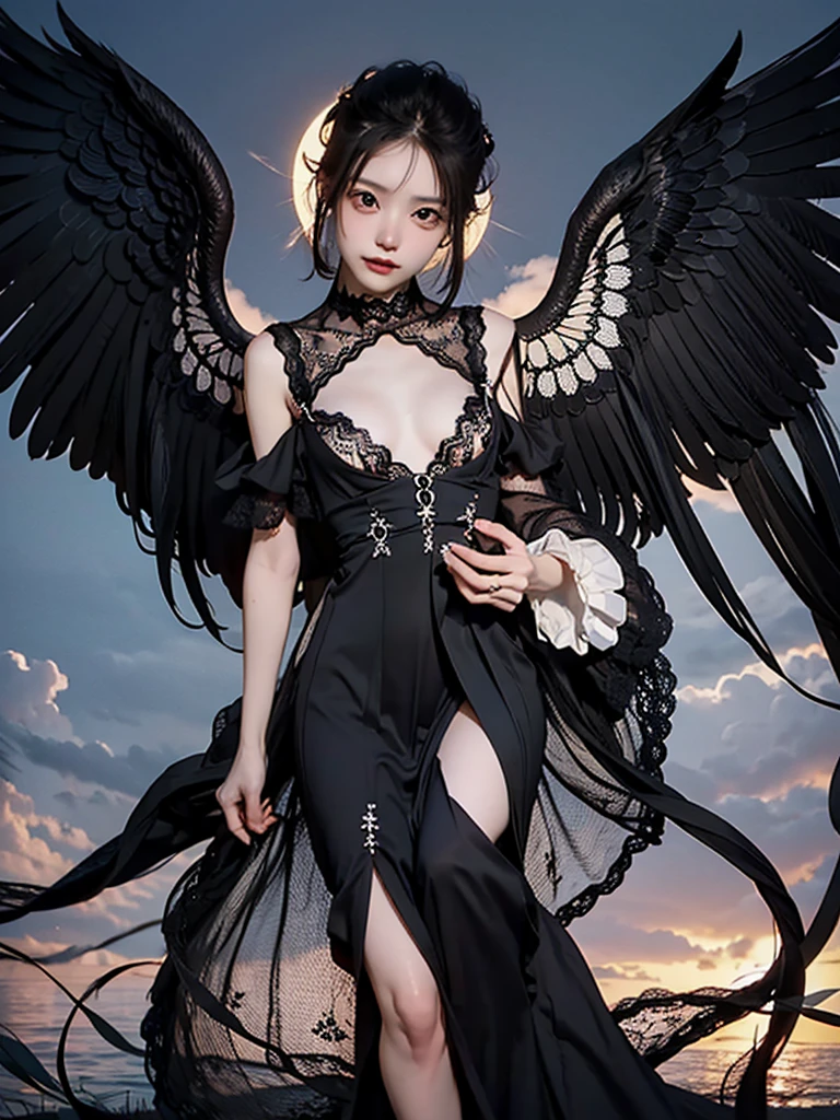 8K, raw photo, realistic, (detailed skin, best quality:1.2), alluring succubus, (Black Wings), Japanese age girl with black angel wings flying high in the evening sky, ((black evening dress, black lace dress)), (((flat chest:1.4))), (shiny black hair, short hair), (Neat face, pale skin), full body shot, A translucent black cloth covers the body.., thighs, sunset sky high, sunset light