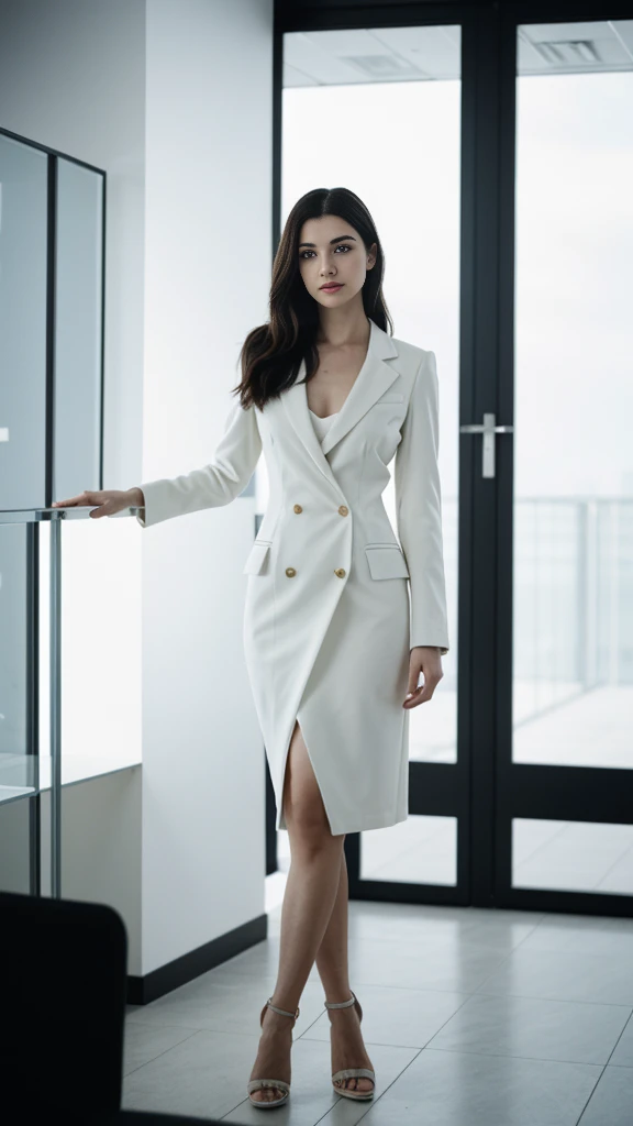 an Ukrainian woman with beautiful Delicate eyes, Beautiful and delicate lips, Extremely detailed face and skin, Pale skin, 23 years old, wearing a suit, high heels, medium long shot, standing in the office, long legs, full body portrait. Beautiful photography，Long eyelashes, Good anatomy , Practical skin texture, Delicate eyes, professional, 4K, Wide-angle lens, Optical Depth of Field, Kodak Vision Color, Perfectly proportioned body, Extremely detailed, ultra-photoPractical, Practical, Post-Processing, Maximum details, Roughness, real life, ultra -Practical, Photorealism, photography, 8K Ultra HD, photography