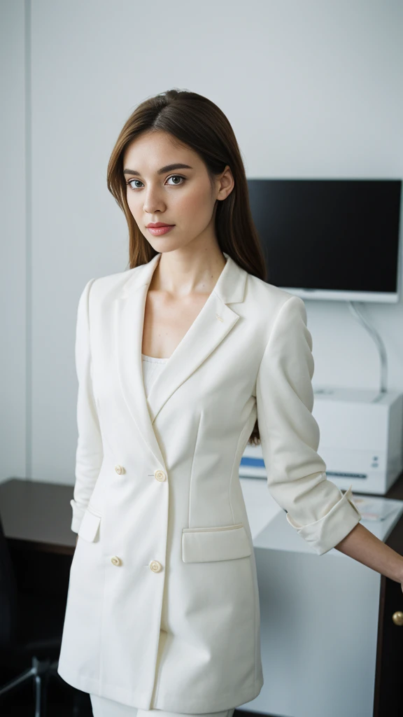 an Ukrainian woman with beautiful Delicate eyes, Beautiful and delicate lips, Extremely detailed face and skin, Pale skin, 23 years old, wearing a suit, high heels, medium long shot, standing in the office, long legs, full body portrait. Beautiful photography,Long eyelashes, Good anatomy , Practical skin texture, Delicate eyes, professional, 4K, Wide-angle lens, Optical Depth of Field, Kodak Vision Color, Perfectly proportioned body, Extremely detailed, ultra-photoPractical, Practical, Post-Processing, Maximum details, Roughness, real life, ultra -Practical, Photorealism, photography, 8K Ultra HD, photography