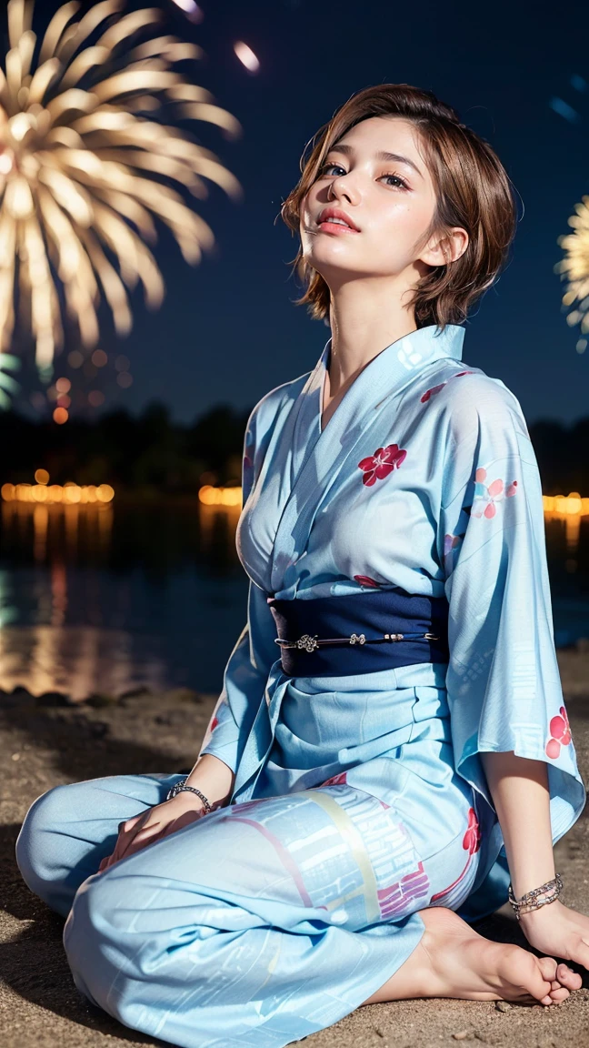 ((Highest quality, 8K, masterpiece :1.3)), (Sharp focus :1.2, Beautiful woman with perfect figure :1.4, Slim Abs :1.2), (Small breasts:1.3)), (PhotoRealistic:1.4), (Realistic:1.4), (short hair, Light brown hair:1.5), Highly detailed face and skin texture, fine grain, double eyelid. Makeup Face, A little bit of lipstick, ((Beautiful woman wearing a light blue yukata、Smiling as she looks up at the fireworks exploding in the summer night sky。Silver anklets adorn the feet。:1.3)