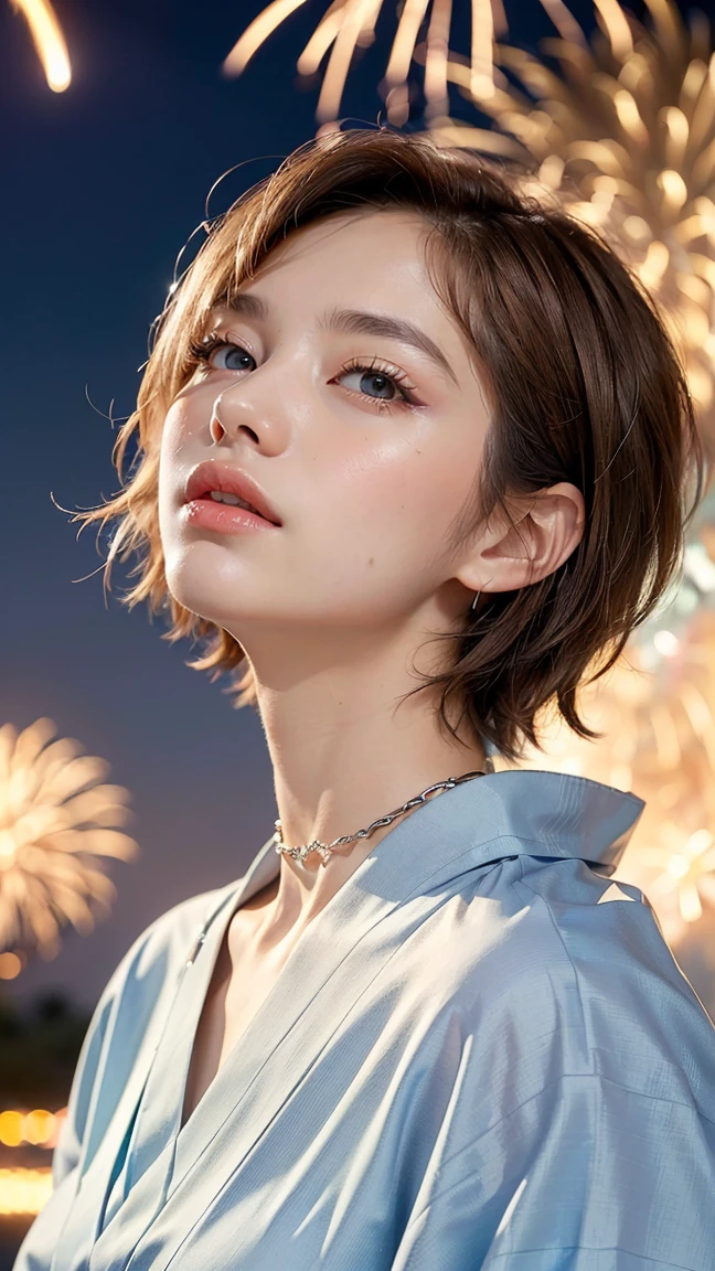 ((Highest quality, 8K, masterpiece :1.3)), Sharp focus :1.2, Beautiful woman with perfect figure :1.4, Slim Abs :1.2, ((Big Breasts, Accentuate your cleavage:1.3)), (PhotoRealistic:1.4), (Realistic:1.4), (Short Bob, Brown Hair:1.5), Highly detailed face and skin texture, fine grain, double eyelid. Makeup Face. A little bit of lipstick, necklace, Earrings, Sex Appeal, Sexy fiery pose, (A beautiful woman wearing a blue yukata、She shows off her charming smile with the summer festival fireworks in the background。パールのnecklaceが優雅さを引き立てる。:1.3)