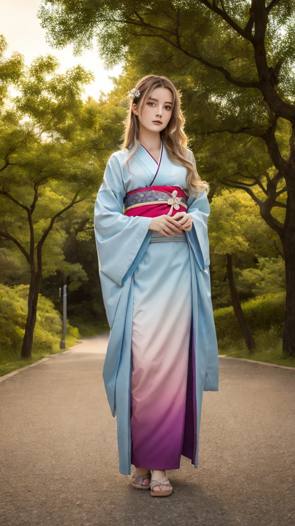 ((Highest quality)), ((masterpiece)), (detailed), Surreal,1人のgirl, sexy,Medium to long hair, Blonde,girl, Traditional Kimono, Calm expression,The undergarment on the lower half of the body is visible., background, a few trees, Pale gradation sky, Fine lineart, Soft Shadows,  Sparkling details