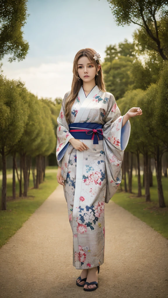 ((Highest quality)), ((masterpiece)), (detailed), Surreal,1人のgirl, sexy,Medium to long hair, Blonde,girl, Traditional Kimono, Calm expression,The undergarment on the lower half of the body is visible., background, a few trees, Pale gradation sky, Fine lineart, Soft Shadows, Sparkling details