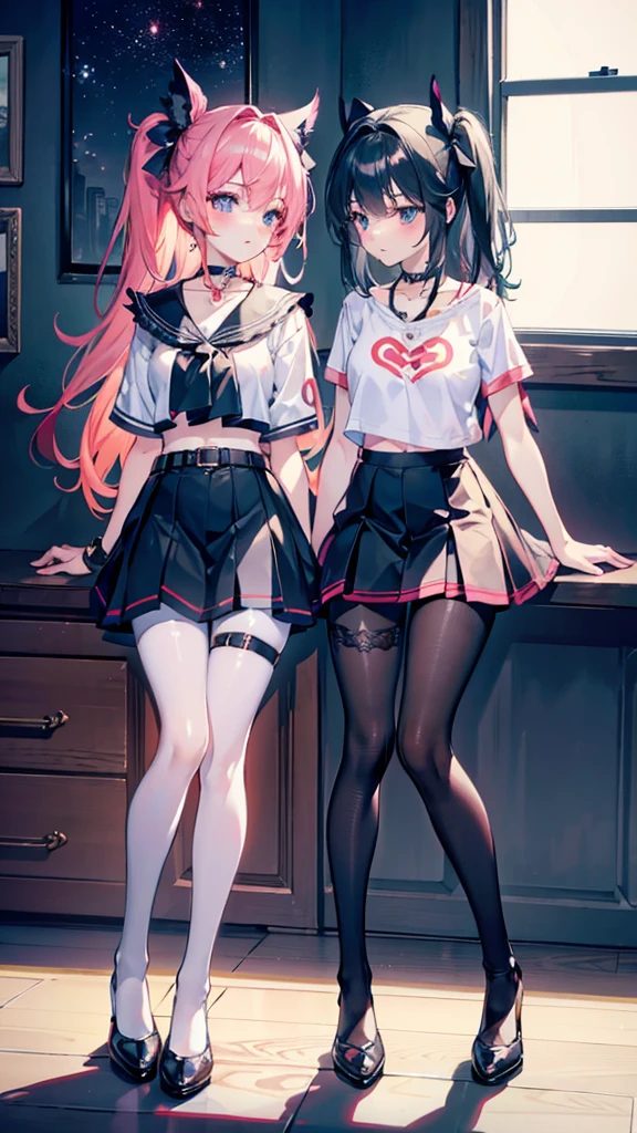 ,twins, Masterpiece,Best quality,offcial art,Extremely detailed Cg Unity 8K wallpaper, 2girls, cute female , Yuri, hair adornments, Short shorts, Crop top, Pantyhose, ribbon_choker necklace, leg belt,