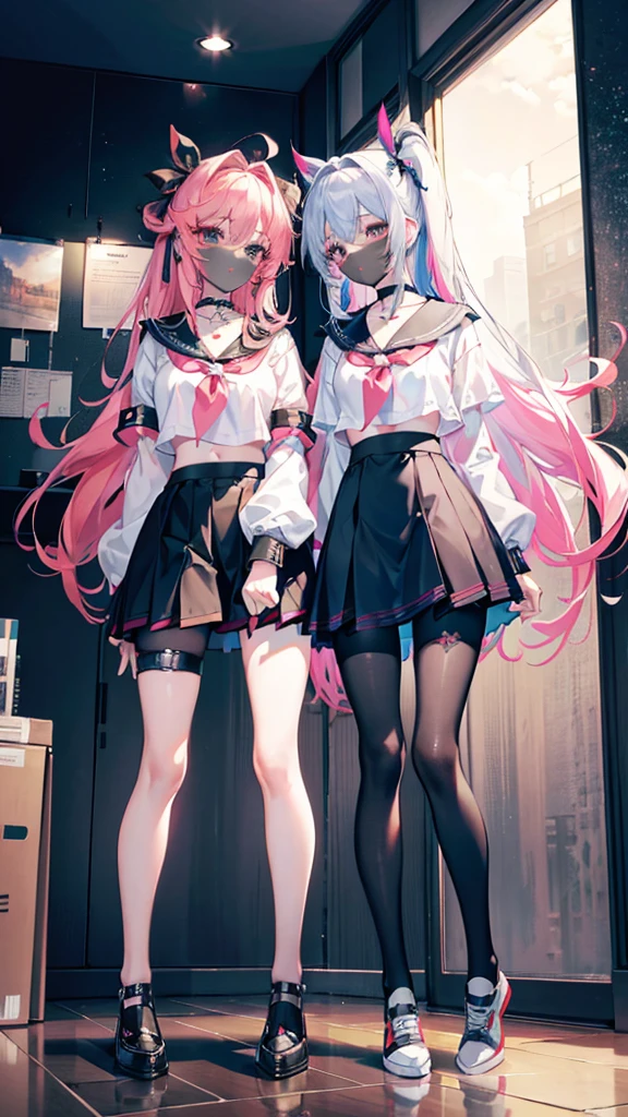,twins, Masterpiece,Best quality,offcial art,Extremely detailed Cg Unity 8K wallpaper, 2girls, cute female , Yuri, hair adornments, Short shorts, Crop top, Pantyhose, ribbon_choker necklace, leg belt,
