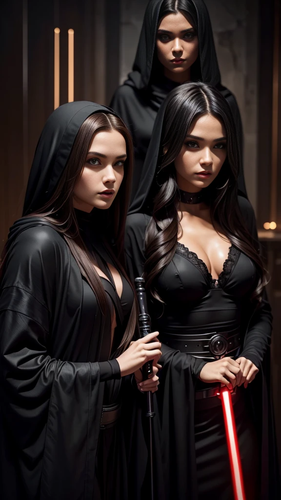 2 beautiful detailed woman with long dark hair wearing a black hooded robe, dramatic lighting,glowing red lightsaber,(2 girls,masterpiece:1.2),ultra-detailed,photorealistic,sci-fi,dramatic cinematic lighting,moody atmosphere,dark fantasy,high contrast,muted color palette