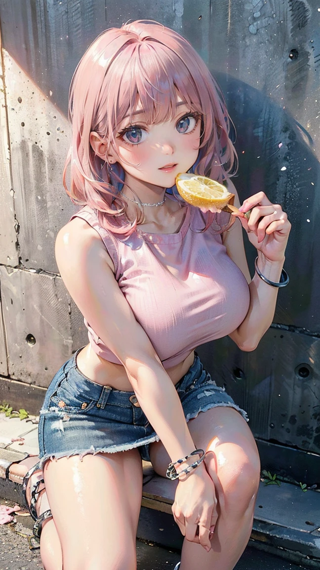 (Masterpiece, BestQuality:1.3), (ultra detailed:1.2), (hyperrealistic:1.3), (RAW photo:1.2), High detail RAW color photo, professional photograph, (Photorealistic:1.4), (realistic:1.4), (Pink Hair:1.5), professional lighting, perfect anatomy, (Big Breasts:1.2), (blush, detailed face), (A happy smile:1.7), sexly, erotic sexly, Random sexy gravure poses, (Cute beauty in a light pink crop top and denim skirt、Smiling while eating ice cream on a street corner、Silver Anklet、Wall leaning pose。:1.3)