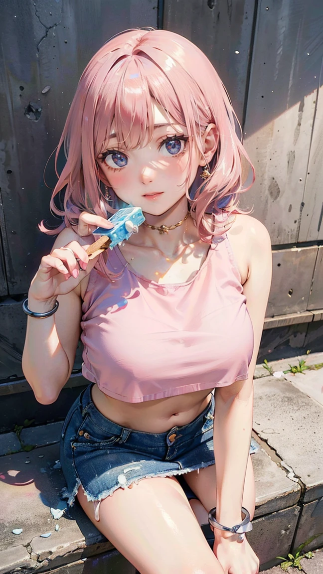 (Masterpiece, BestQuality:1.3), (ultra detailed:1.2), (hyperrealistic:1.3), (RAW photo:1.2), High detail RAW color photo, professional photograph, (Photorealistic:1.4), (realistic:1.4), (Pink Hair:1.5), professional lighting, perfect anatomy, (Big Breasts:1.2), (blush, detailed face), (A happy smile:1.7), sexly, erotic sexly, Random sexy gravure poses, (Cute beauty in a light pink crop top and denim skirt、Smiling while eating ice cream on a street corner、Silver Anklet、Wall leaning pose。:1.3)