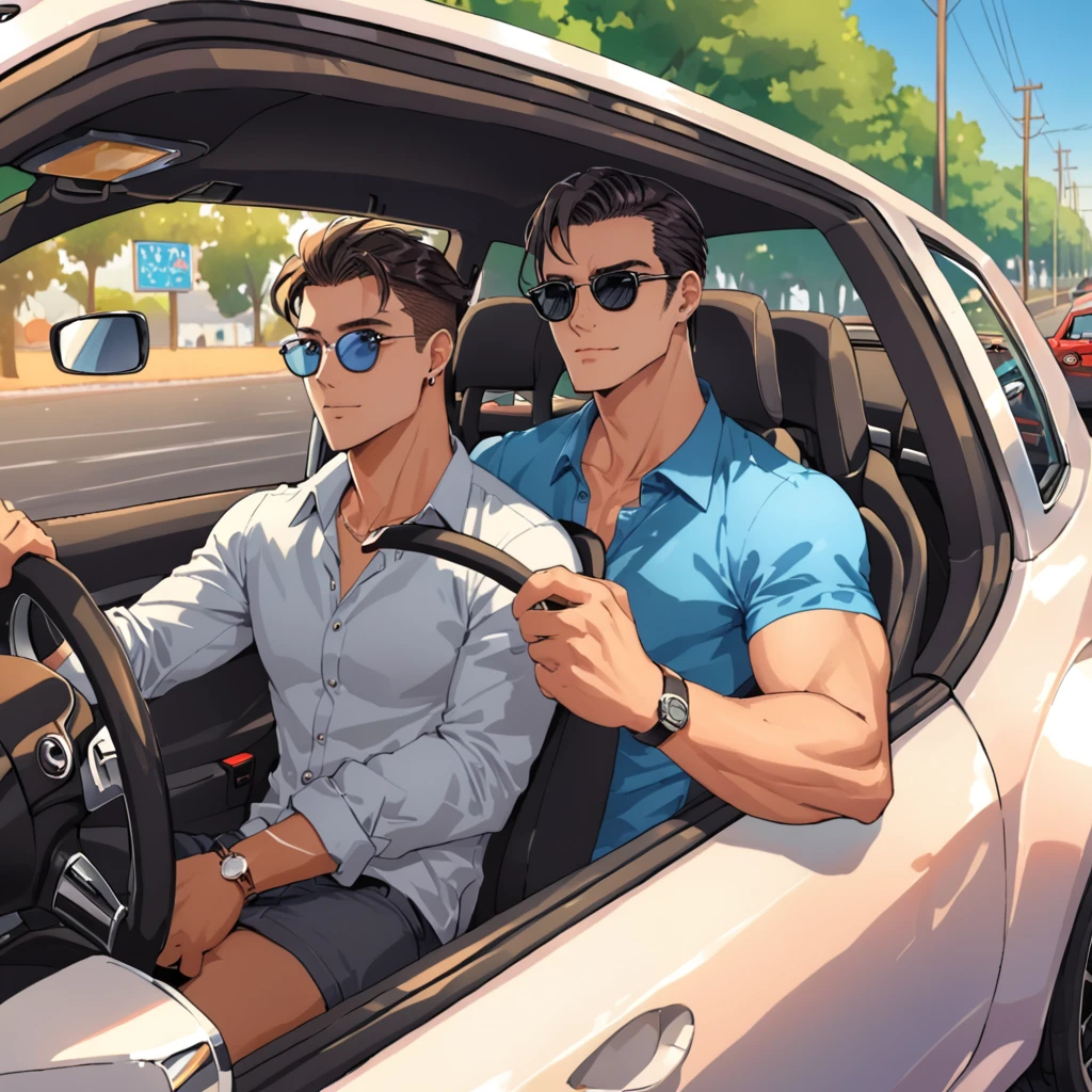 a handsome guy driving and chill with friend