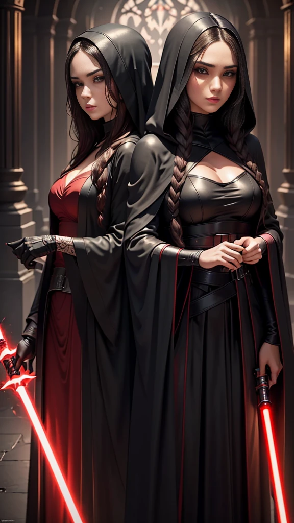 2 beautiful detailed woman with long dark hair wearing a black hooded robe, dramatic lighting,glowing red lightsaber,(2 girls,masterpiece:1.2),ultra-detailed,photorealistic,sci-fi,dramatic cinematic lighting,moody atmosphere,dark fantasy,high contrast,muted color palette