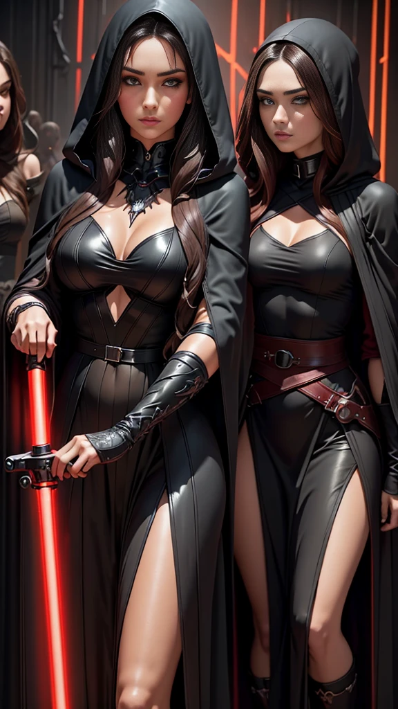 La mujer, sith, ropa corta, poca ropa,ropa stockings, medias, star wars, death star, muy detallado, Realistic long-term photography., 4k, pelo largo, brown hair, By the chestnut, labios rojos, hood, capucha, sexy,red lips, brown eyes, big breasts, pechos grandes, breasts, red light saber, sthoutfit