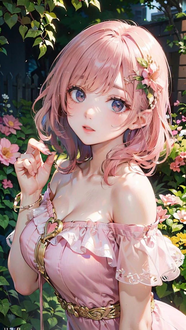 (Masterpiece, BestQuality:1.3), (ultra detailed:1.2), (hyperrealistic:1.3), (RAW photo:1.2), High detail RAW color photo, professional photograph, (Photorealistic:1.4), (realistic:1.4), (Pink Hair:1.5), professional lighting, perfect anatomy, (Big Breasts:1.2), (blush, detailed face), (A happy smile:1.7), sexly, erotic sexly, Random sexy gravure poses, (A princess-like beauty in a salmon pink off-the-shoulder sundress、Smiling among flowers in the garden、Gold Bracelet、Pose with flowers in hand。:1.3)