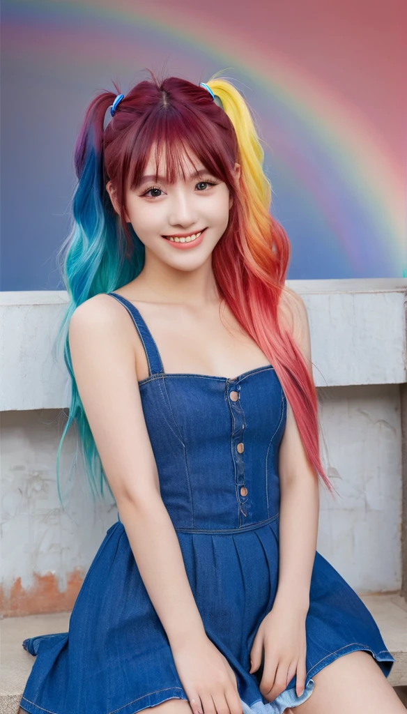 (masterpiece), (((best quality)), (Very detailed), 1 daughter, (Rainbow Hair, Multicolored hair, Half blue half pink hair: 1.2), 20 years old, (yukexista: 1.2), outdoor room, Bangs, Smile, Sky brown eyes, Perfect hands, Perfect hands, Card Details, Finger correction, Night club + background, brick wall with the name "Unikawa araso on clothes"red and blue gradient, full body,Watch_exist_Viewer, Cowboy photo shoot , Best quality, Rich details, Perfect image quality,