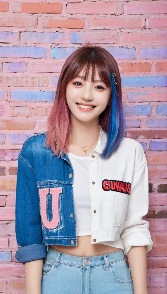 (masterpiece), (((best quality)), (Very detailed), 1 daughter, (Rainbow Hair, Multicolored hair, Half blue half pink hair: 1.2), 20 years old, (yukexista: 1.2), outdoor room, Bangs, Smile, Sky brown eyes, Perfect hands, Perfect hands, Card Details, Finger correction, Night club + background, brick wall with the name "Unikawa araso on clothes"red and blue gradient, full body,Watch_exist_Viewer, Cowboy photo shoot , Best quality, Rich details, Perfect image quality,