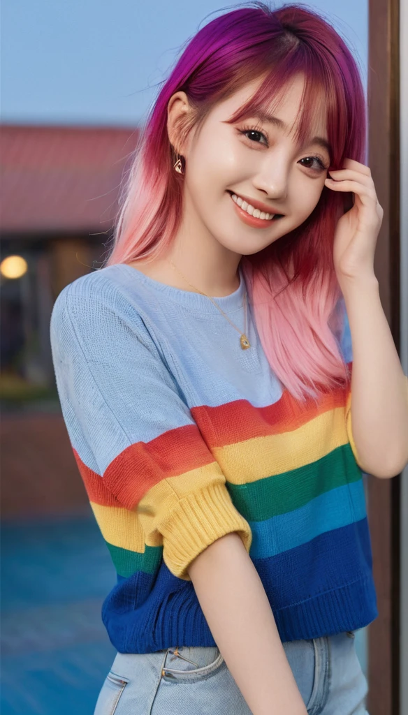 (masterpiece), (((best quality)), (Very detailed), 1 daughter, (Rainbow Hair, Multicolored hair, Half blue half pink hair: 1.2), 20 years old, (yukexista: 1.2), outdoor room, Bangs, Smile, Sky brown eyes, Perfect hands, Perfect hands, Card Details, Finger correction, Night club + background, brick wall with the name "Unikawa araso on clothes"red and blue gradient, full body,Watch_exist_Viewer, Cowboy photo shoot , Best quality, Rich details, Perfect image quality,