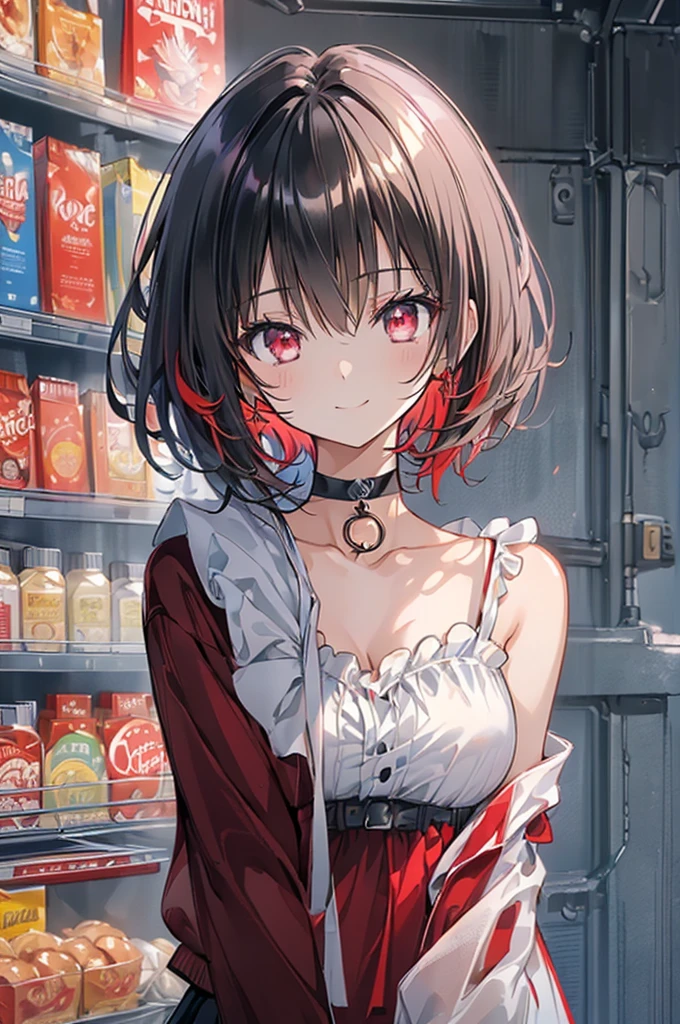 (masterpiece, highest quality, highest quality, (No text), Beautiful and aesthetic:1.2),No text,アニメ、BREAK,One Girl,Black Hair Girl short hair older sister choker Tree Eyes Beautiful eyes Red eyes cool smile Red and Black Black jacket mini skirt whole body In town