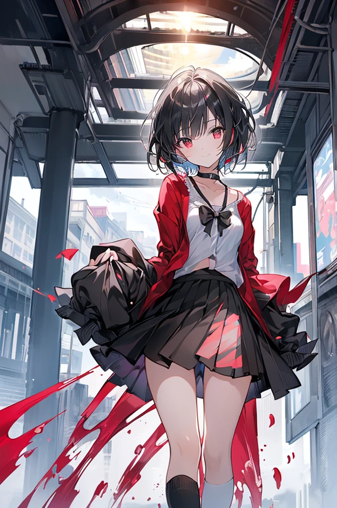(masterpiece, highest quality, highest quality, (No text), Beautiful and aesthetic:1.2),No text,アニメ、BREAK,One Girl,Black Hair Girl short hair older sister choker Tree Eyes Beautiful eyes Red eyes cool smile Red and Black Black jacket mini skirt whole body In town