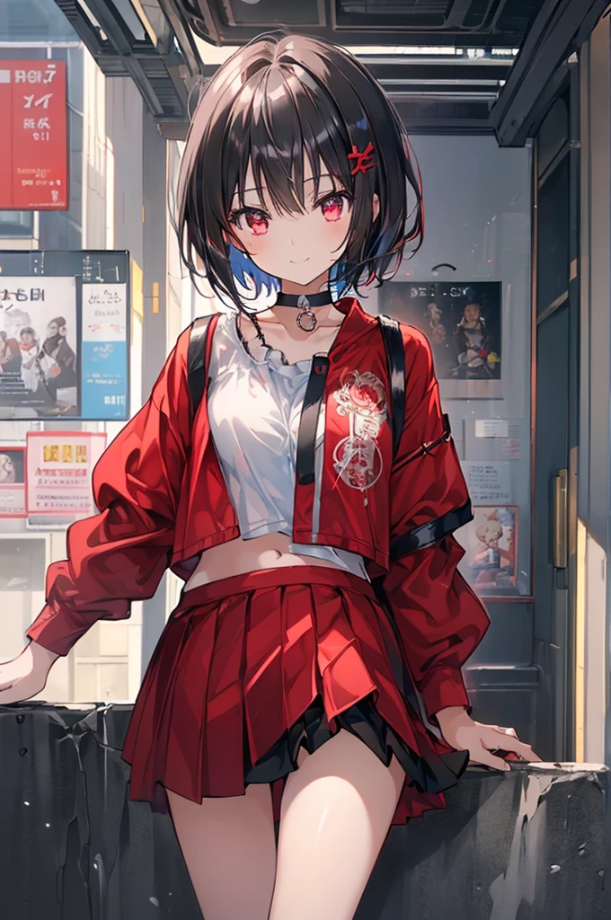 (masterpiece, highest quality, highest quality, (No text), Beautiful and aesthetic:1.2),No text,アニメ、BREAK,One Girl,Black Hair Girl short hair older sister choker Tree Eyes Beautiful eyes Red eyes cool smile Red and Black Black jacket mini skirt whole body In town