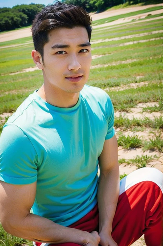 A handsome, muscular young Asian man looks at the camera. In a simple t-shirt white and red , Fieldside, grass, beach, sunlight