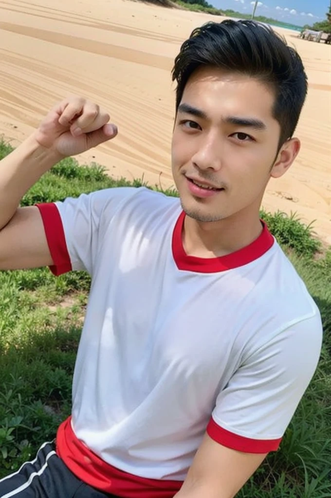 A handsome, muscular young Asian man looks at the camera. In a simple t-shirt white and red , Fieldside, grass, beach, sunlight