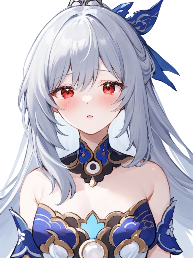 Super detailed,(Highest quality),((masterpiece)),(High resolution),original,very,Jingliu, chest, One girl, blush, Red eyes, chestの谷間, large chest, Long Hair, White Background, Simple Background, Hair between the eyes, Mouth closed, Gray Hair, Bare shoulders, gloves, dress, bangs, Upper Body, hair ornaments, Focus Only, Removable sleeves, One boy, black gloves, penis