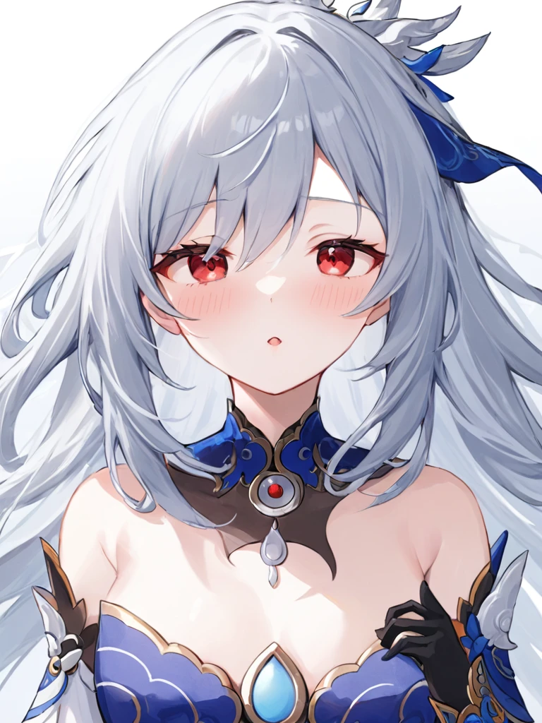 Super detailed,(Highest quality),((masterpiece)),(High resolution),original,very,Jingliu, chest, One girl, blush, Red eyes, chestの谷間, large chest, Long Hair, White Background, Simple Background, Hair between the eyes, Mouth closed, Gray Hair, Bare shoulders, gloves, dress, bangs, Upper Body, hair ornaments, Focus Only, Removable sleeves, One boy, black gloves, penis