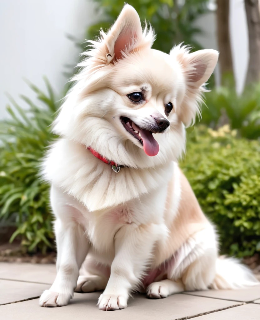 araffe dog sitting on the ground with its tongue out, pomeranian, pomeranian mix, small dog, poofy, pet animal, high-key, high - key, on clear background, samoyed dog, fluffy, chinese crested powderpuff dog, small white dog at her side, adult dog, happy finnish lapphund dog, adult, pet,アニメ