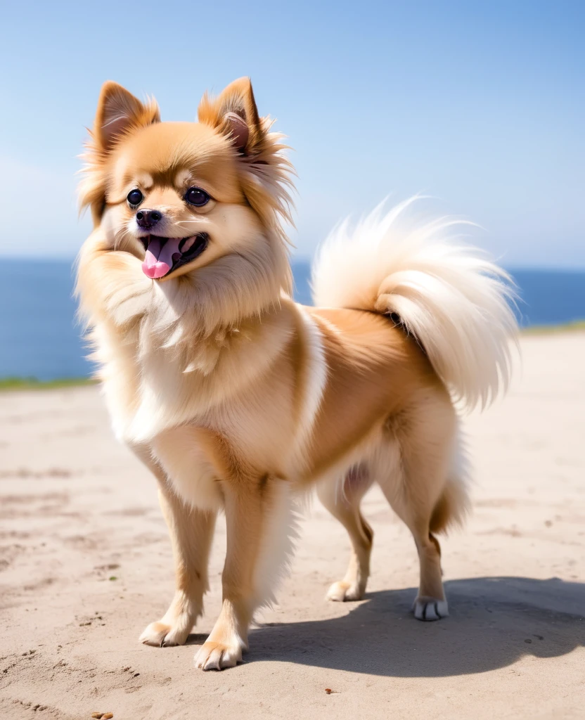 araffe dog sitting on the ground with its tongue out, pomeranian, pomeranian mix, small dog, poofy, pet animal, high-key, high - key, on clear background, samoyed dog, fluffy, chinese crested powderpuff dog, small white dog at her side, adult dog, happy finnish lapphund dog, adult, pet,アニメ