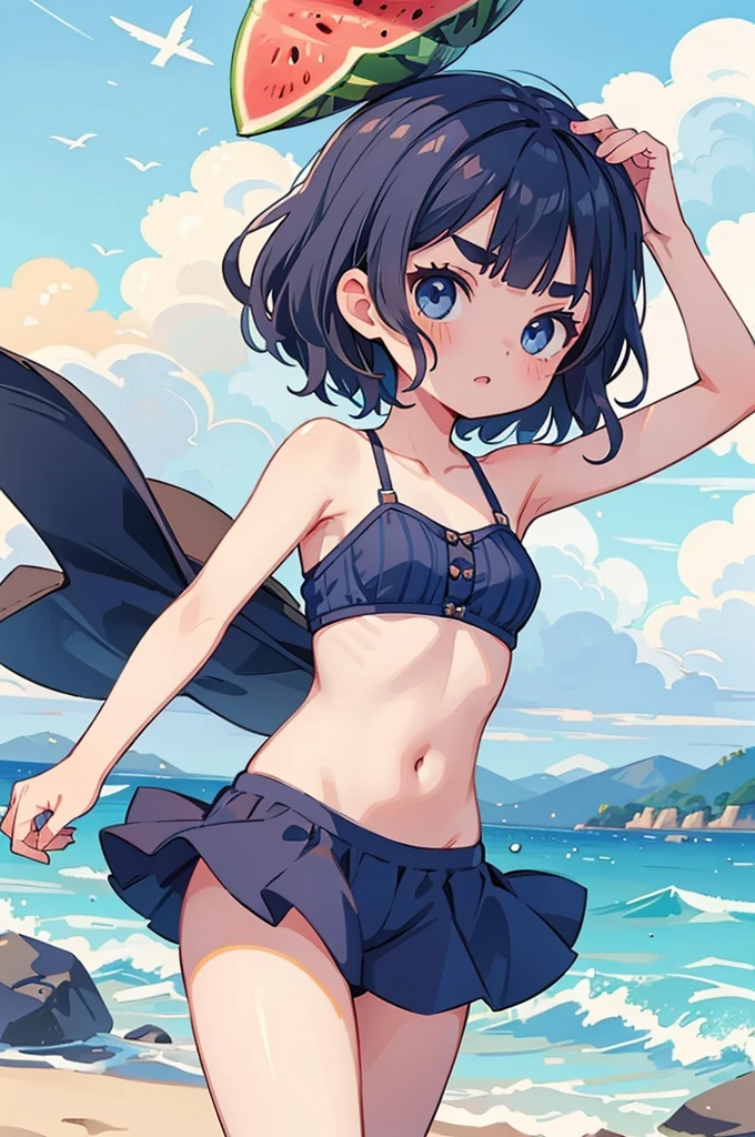 (masterpiece, best quality:1.1),
girl with watermelon-rind on her head,tween,Dancing a strange dance,beach,BREAK (girl,,detailed face,(darkblue wavy-short hair),parallel eyebrows,middle small breasts),