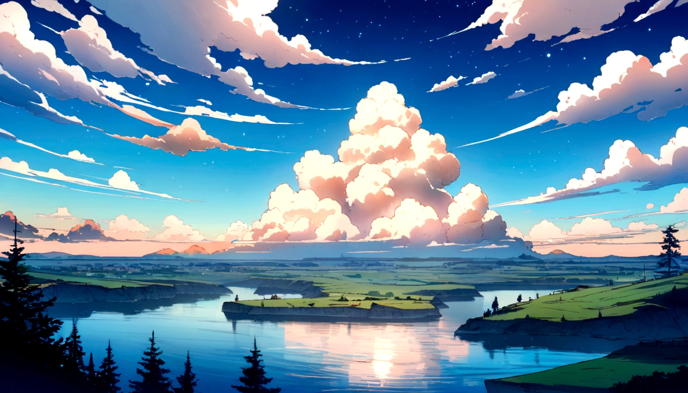 a picture of the sky with cloud and sun shining in the background, beautifull puffy cloud. anime, anime cloud, anime sky, blue sea. by Makoto Shinkai, beautiful anime scenery, Space Sky. by Makoto Shinkai, anime. by Makoto Shinkai, by Makoto Shinkai, by Makoto Shinkai, ( ( makoto shinkai ) ), anime scenery, anime atmospheric, Makoto Shinkai's Style, makoto shinkai. —h 2160, makoto shinkai. High detail, wallpaper anime blue water, Bright Sky、Heaven Background, cloud. Fantasy, anime landscape wallpaper, Makoto Shinkai's art style.(Quality-8k),彗star、star、流star群