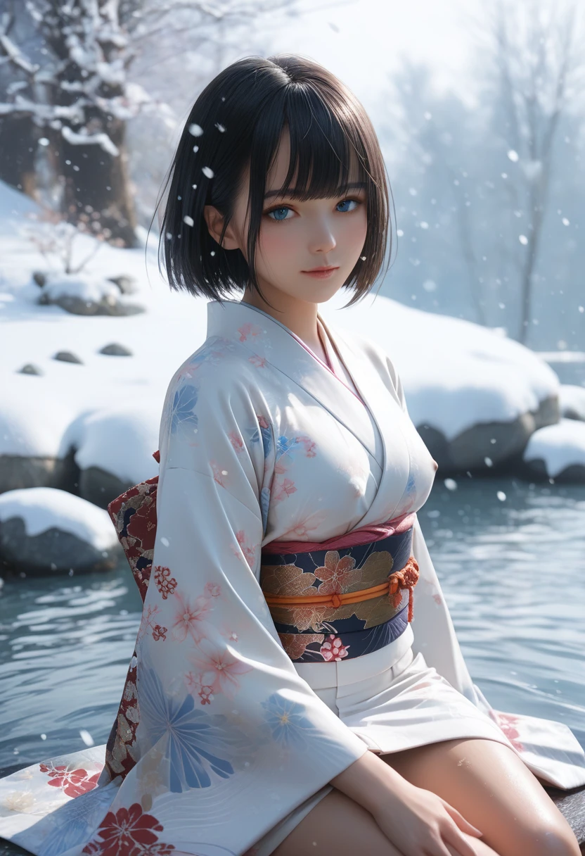 score_9, score_8_up, score_7_up, 1girl, solo, looking at viewer, short hair, bangs, blue eyes, black hair, long sleeves, sitting, closed mouth, small breasts, nipples, outdoors, open japanese clothes, wide sleeves, open kimono, water, sash, obi, floral print, snow, snowing, white kimono, print kimono,break,(clear line illustration:1.2), super detailed skin,very high resolution, very aesthetic, Best sexual lighting powered by famous artist, 8k,cute picture,beauty illustration,photoshop_(medium),,(Detailed Lighting),uncensored,