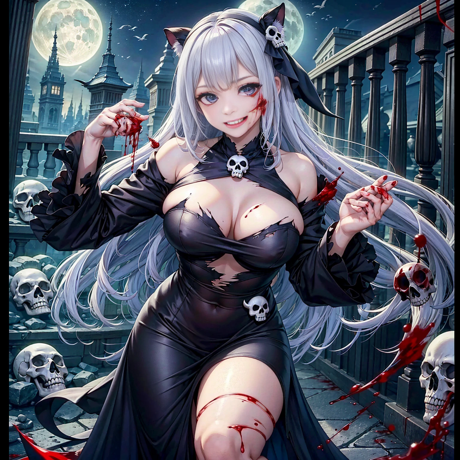 Swarms of Dark Monsterultiple skulls on the ground、周囲に複数のzombie、死んだ腐ったBloodに飢えた邪悪なzombie, Girl Venom, 黒い共to be bornto be born物が付着している, Bloodまみれの, Evil look, Psychopathic, Torn clothes, Torn Costume, sexy, reveal, Combat Stance, Very detailed, Vibrant appearance, Creative Action, Very detailed, Imaginative, Sensual, Voluntary, all breasts, sexy, reveal, Highest quality, skinの質感, Intricate details, (Highest quality, masterpiece, 超High resolution), (8k wallpaper, High resolution, High resolution, to be born), (credibility: 1.4), (whole bodyショット), One Girl, ((Anime Girls)),,(Bloodしぶき:1.6), ((Fantasy Witch Costume)), ((Flowing white hair)), ,(Bloodしぶき:1.6),Female curves, Large Breasts, Thick thighs, sexyな平らなお腹, 完璧なhand, 完璧なアニメのface, ((dark ta dress)), Are standing, ((邪悪な笑face)), ,(Bloodしぶき:1.6),Victorian cities, gaslight, Steam circulates, Moonlight Illumination, night間照明, A sky filled with stars and galaxies,(Bloodしぶき:1.6),アニメzombie魔女デザイン, ねじれた笑face、Bloodまみれの、頭からの出Blood、Bloodしぶき、,(Bloodしぶき:1.6),Crossbones, skull, Streetwear Design, protector, Horror Style, Full Design, Huge breasts, Very detailed, Realistic, Dark fantasy, Gloomy atmosphere, Intricate details, Crazy Smile, 狂ったeye, A cute and stylish hair band,(masterpiece:1.2, Highest quality), Scary atmosphere、Distorted facial expressions、Horror Art、Bloodの雨、Bloodを流す、Bloodしぶき,(Bloodしぶき:1.6),悪魔のeye、greenいeye、scar、火scar、whole body、Torn hair of a woman dressed in slave clothing、(Long Hair)、(eyeにかかる長さの前髪)、Black Hair、(((eyeの下のクマ)))、green白いskin、Feeling unwell、Pathological、邪悪な笑face、狂ったeye、(Grin)Dramatic makeup,Create mixed media art、,Horror 1 Girl, Open_mouth, , green_eye, Blood, Tilt_red_skin, Injury, Blood_In addition_face, Bandaged_arm, Blood_In addition_zombie, Blood_In addition_hand , Open your eyelids wide, The trend is all, mouthを大きくOpen, mouthを開けてteethをむき出しにする,獣のような鋭いteeth, Wide lips, 非常に広いmouth, Vermilion cheeks, blonde, ,(Bloodしぶき:1.6),Princess Cut, Ribbon hair ornament, brooch, Otaku Room, Well-built body, Nice body, Ample breasts, Thick body,eyeを大きく開いて、Scary atmosphere、Distorted facial expressions、ねじれた笑face、Bloodまみれの、頭からの出Blood、Bloodしぶき、whole body、,(Bloodしぶき:1.6),Long Hair、Long bangs、Well-built,Broad shoulders,I focus,(face),Messy Hair,いeye,(光るeye),green信号,笑face,big 笑face,teeth,psycho 笑face,gesugao,Dark city background,darkness,night,(close),良いeye, 良いteeth,サディスティックな笑face,,all,光沢のあるskin,詳細なface,Beautiful body, mouthからの白い息 Luxurious lace long gloves、A charming Western alley、Gothic architecture、Western architecture、Fantasy World、
