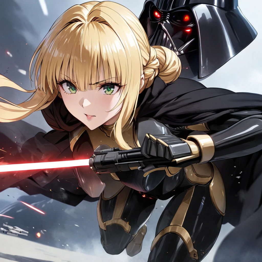 ((Highest quality)), ((masterpiece)), (detailed), (Perfect Face)、The woman is a Stormtrooper named Tiare, with green eyes, medium blonde hair, and a Princess Leia hairstyle. She is wearing a gorgeous black Stormtrooper bodysuit with gold patterns and trim, and a gorgeous black cape.、The woman is fighting alongside Darth Vader, who is holding a red lightsaber, while the woman is protecting him and firing a blaster.
