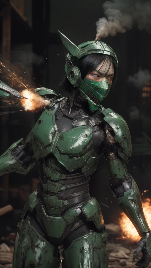 , Advanced Details, high quality, 最high quality, High resolution, 1080P 、Bleeding from the wound、Sexy Eyes、Wearing green and black、cute((The whole body is sweating))(Equipped with a damaged battle suit....)(Dark green armor)(Broken Armor)Black Hair、Chiquita、short hair、Open your mouth、Painful expression、It hurts again、Healthy Skin、20-year-old female defeat (Steam coming out of the face) ((Steam from the body)) Unable to fight Severe attacks ((Head gear is broken. )) flying debris bare hands Armor Stripping Gas mask explodes