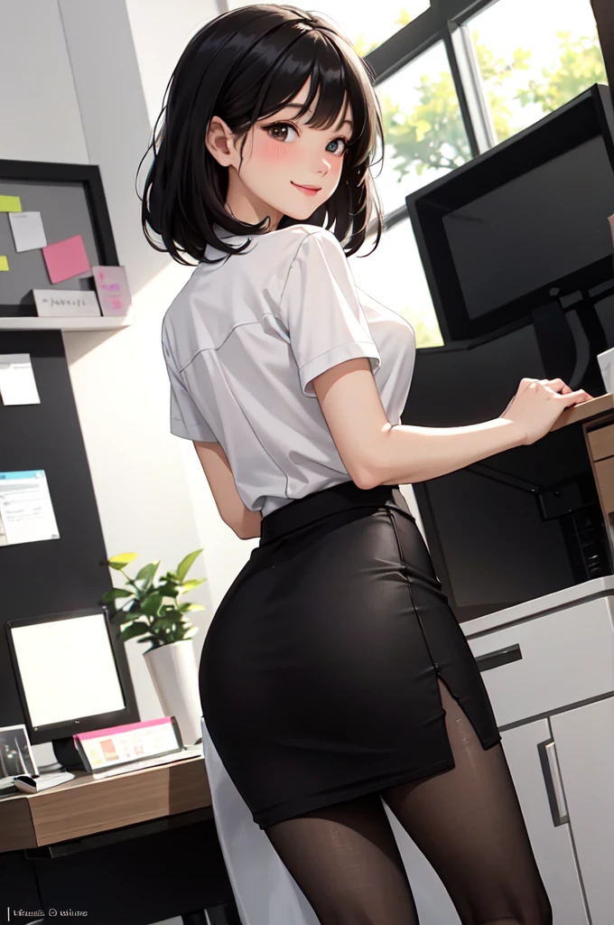 1lady solo, (looking back from behind), /(casual shirt pencil skirt thin pantyhose/), /(black hair/) bangs, blush kind smile, (masterpiece best quality:1.2) delicate illustration ultra-detailed BREAK /(modern office indoors/)