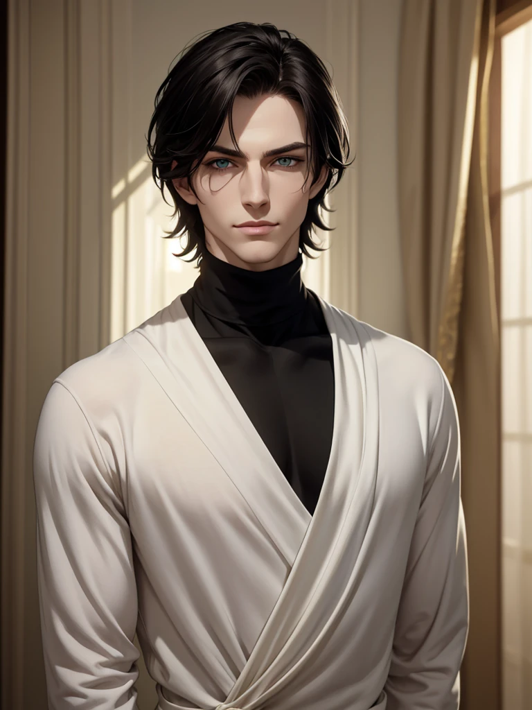 (best quality), 1boy, pale skin, black hair, medium hair, curtain hair, tousled hair, green eyes, perfect eyes, dark circles under eyes, tall, slender, handsome, strong jawline, lazy, light smile, attractive, turtleneck sweater, masterpiece, anatomically correct, highres