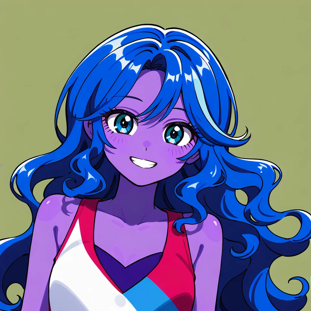 red sleeveless dress, very dark purple skin, voluminous slightly wavy hair, blue hair, Blue eyes, Equestria girls, without bangs, smile