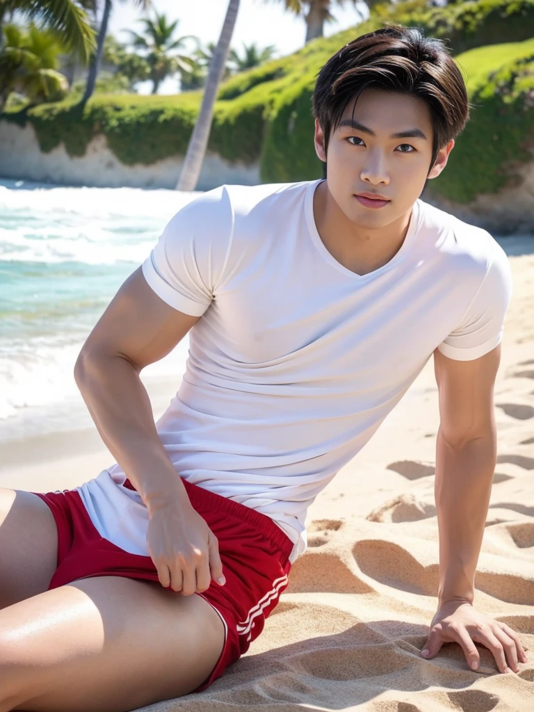 A handsome, muscular young Asian man looks at the camera. In a simple t-shirt white and red , Fieldside, grass, beach, sunlight