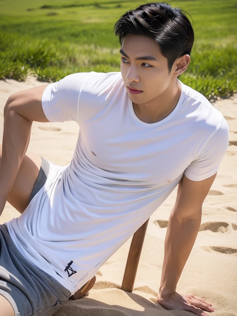 A handsome, muscular young Asian man looks at the camera. In a simple t-shirt white and red , Fieldside, grass, beach, sunlight