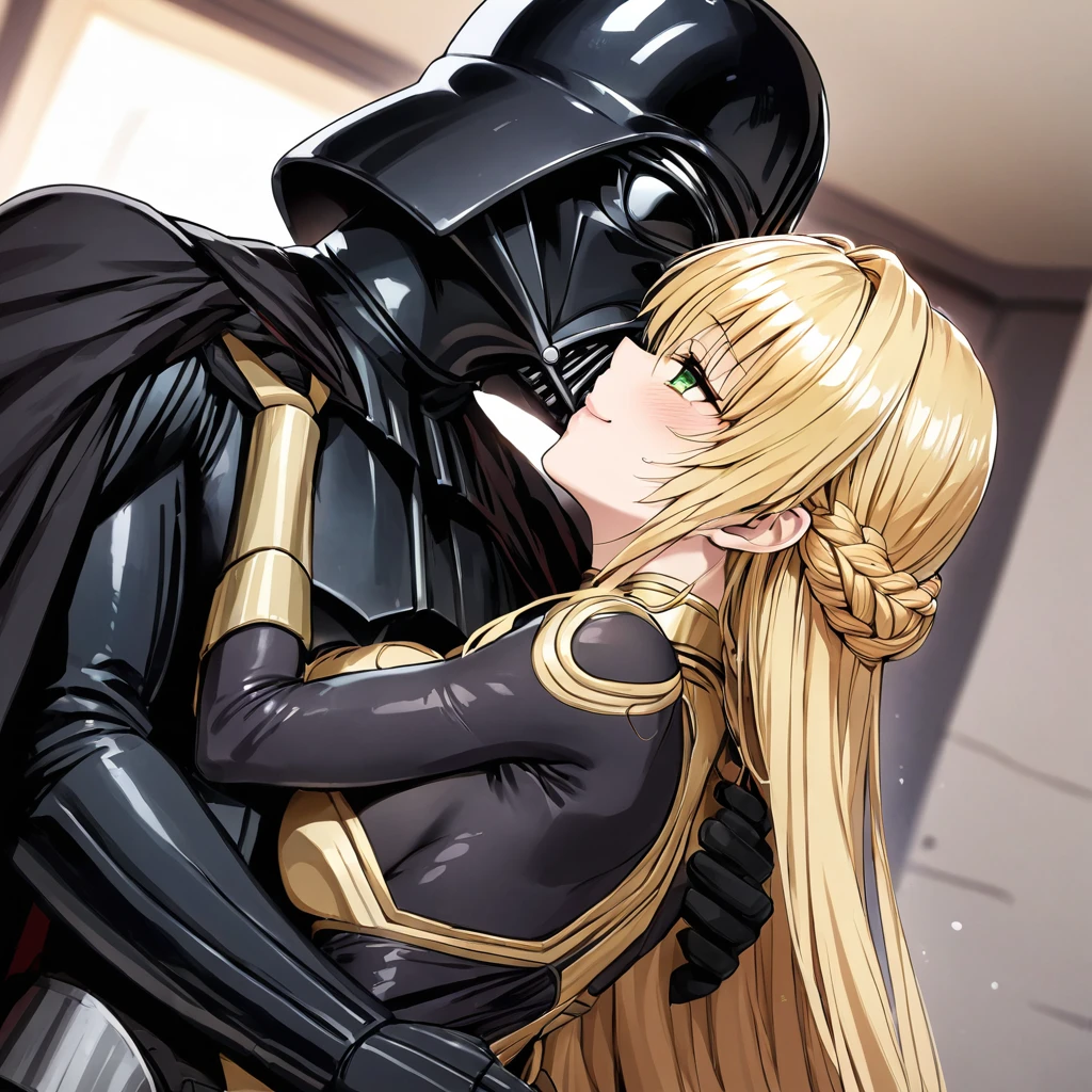 ((Highest quality)), ((masterpiece)), (detailed), (Perfect Face)、The woman is a Stormtrooper named Tiare, with green eyes, medium blonde hair, and a Princess Leia hairstyle. She is wearing a gorgeous black Stormtrooper bodysuit with gold patterns and trim, and a gorgeous black cape.、The woman is being held by Darth Vader, they are kissing and making love, and the woman is smiling gently at Darth Vader.