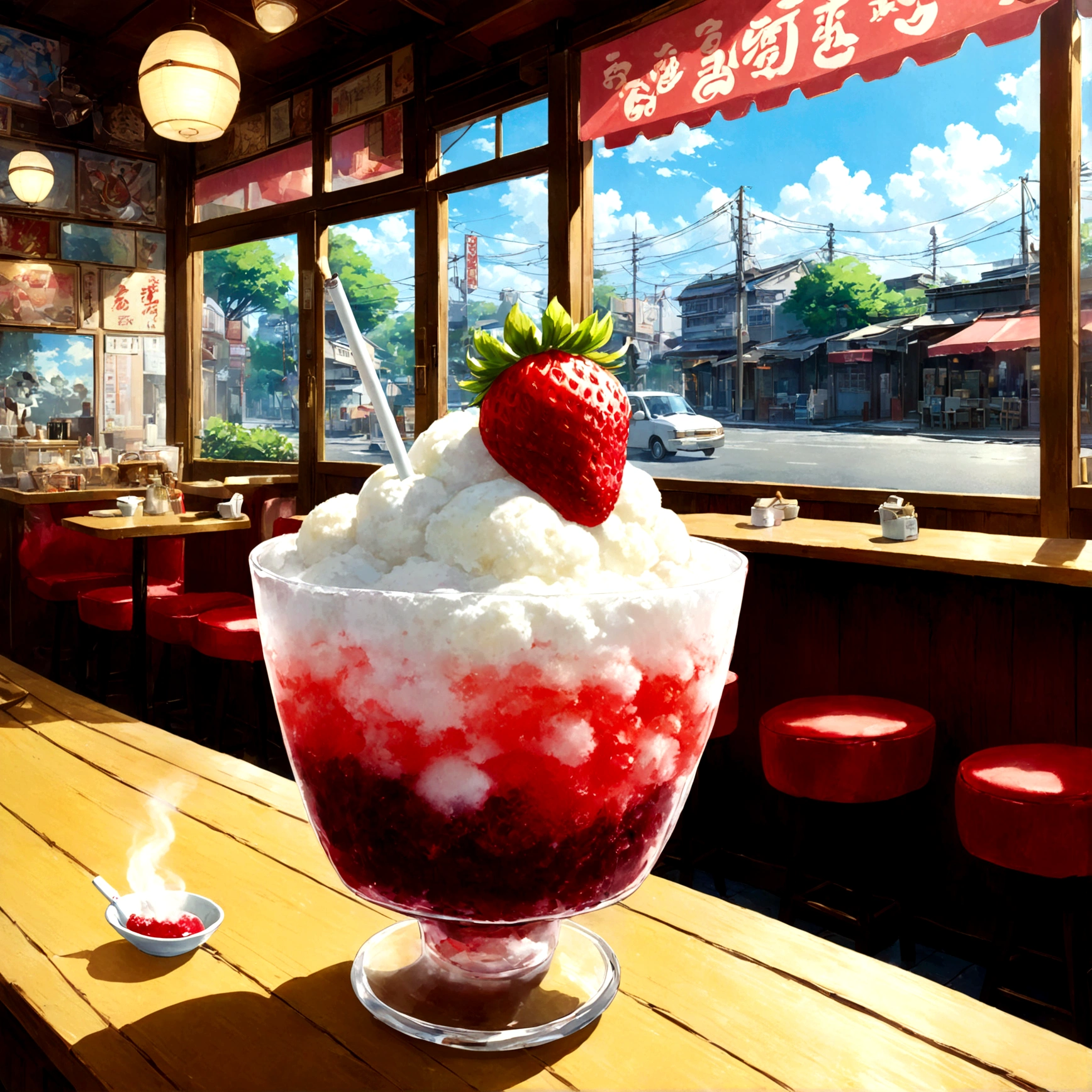 Beautiful game world, Fantasy, Furai no Shiren, First Person View, Showa Retro, Pure Cafe, shaved ice, summer,
Enter the store through the wooden glass door, The fragrant smell of coffee, A little dimly lit inside the store, Red velvet chair, Spacious space, Quiet jazz, The ceiling fan rotates slowly, Old paintings on the wall, Counter seats, Master's White Shirt, A regular customer quietly smoking a cigarette, 窓の外に見えるsummerの青空, Cicada Voices, ガラスの器に入ったshaved ice, Strawberry syrup, condensed milk, menu, Neapolitan, cream soda, ashtray, Sugar Pot, Nostalgic atmosphere, Calmness, peace