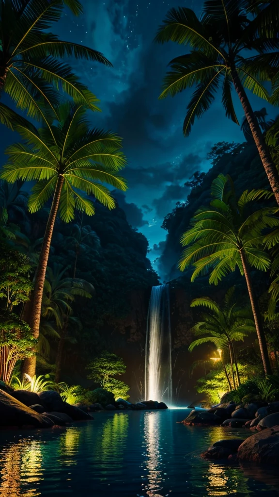 anime styling, fancy, paisaje, naturey, exotic colors, no characters, no green colors. Ultra realistic , night time , lush tropical rainforests