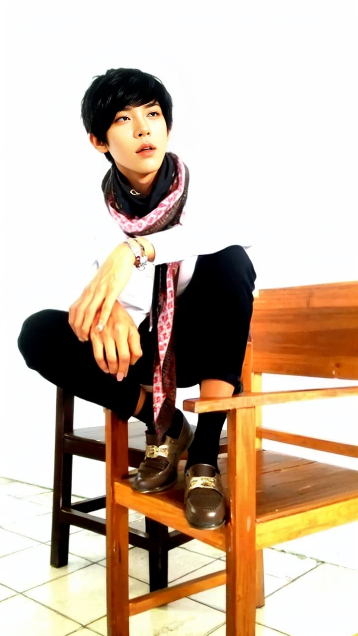 ((4K workasterpiece、（highest quality)、((High level image quality))、((One Manly Boy))、Because I&#39;m slender、black cardigan、((Men's Fashion))、(detailed beautiful eyes)、In a fashionable city、working on a pc in the office、Face similar to Chaewon in Ruseraphim、((Short hair over the ears))、((face becomes smaller))、((neutral face))、((light brown eyes))、((Korean boy))、((18-year-old))、((Handsome guy))、((Teeth and smile expression))、((korean makeup))、((long and sharp eyes))、((photo of a model))、((Like a celebrity))、professional photos、black cardigan、wolf cut、The neckline is longer