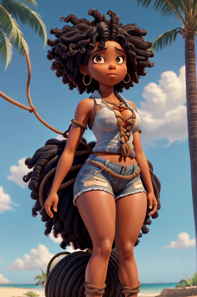 Black woman afro hair sitting from behind on a palm tree with a rope around her ankles, rope bondage, exposed thighs, waist - shot, rope, sexy girl wearing shorts, extremely detailed giantess photo, Shibari, exposed thighs!!!, tied shirt, giantess photo highly detailed, tied with chair, ripped shorts, short shorts, absolutely excellent, big thighs